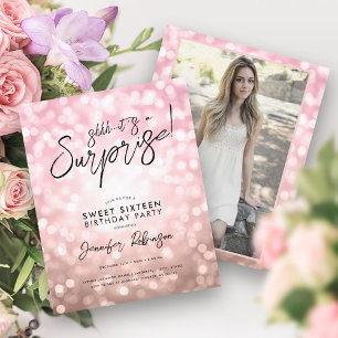 Papier Rose Gold Lights Photo Surprise Sweet 16 Invitatio
