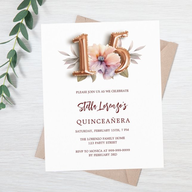 Papier Rose gold pêche florale budget Quinceanera (Créateur téléchargé)