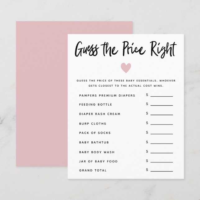 Papier Rose Heart Girl Baby shower Devinez Le Prix Juste (Devant / Derrière)