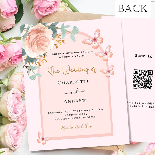 Papier Rose or fleurons arc QR RSVP budget mariage (Créateur téléchargé)
