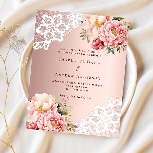 Papier Rose or rose florale dentelle invitation mariage (Créateur téléchargé)