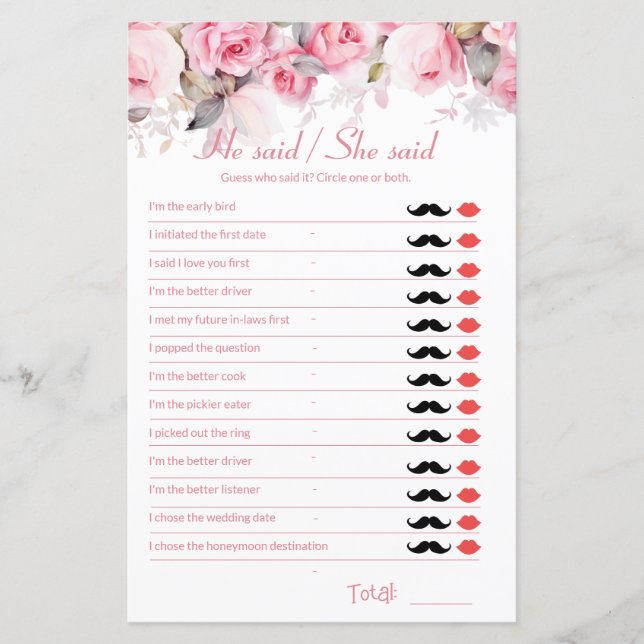 Papier Rose Pink Bridal Shower Game He Said She Said (Devant)