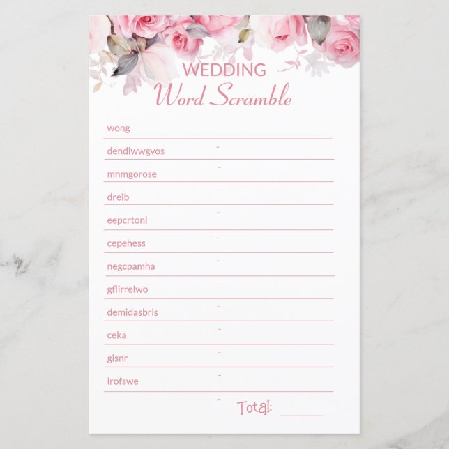 Papier Rose Pink Bridal Shower Word Scramble Game (Devant)