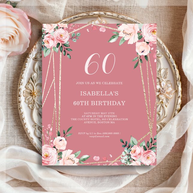 Papier Rose | Pink Floral 60e Budget Invitation Anniversa (Créateur téléchargé)