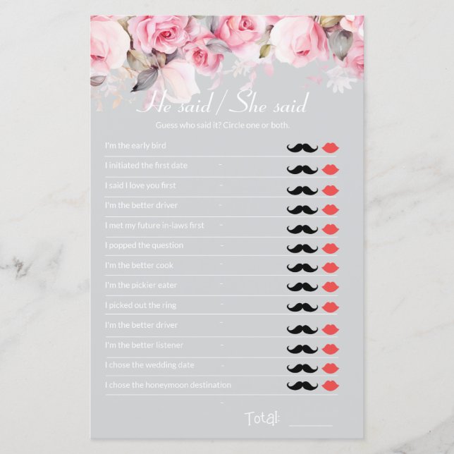 Papier Rose Pink Gray Bridal Shower Game He Said She Said (Devant)