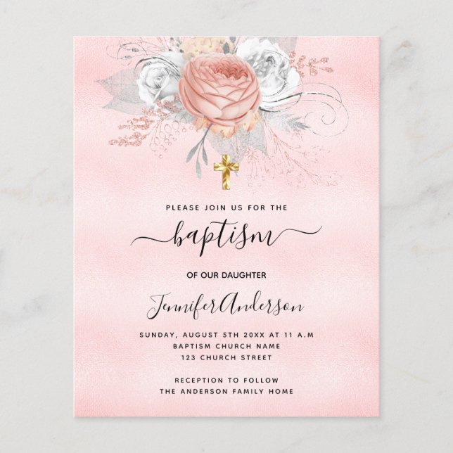 Papier Rose rose fleurs fille budget baptême invitation (Devant)