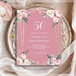 Papier Rose rose floral 50e budget Invitation d'anniversa
