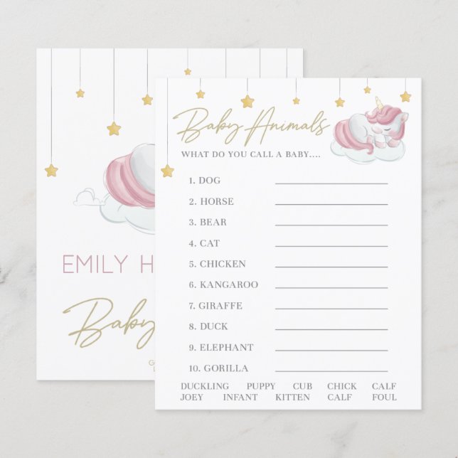 Papier Rose Unicorn étoiles Baby shower Animaux Jeu (Devant / Derrière)
