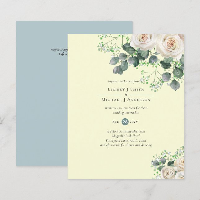 Papier Roses blanches Sage Eucalyptus Citron MARIAGE jaun (Devant / Derrière)