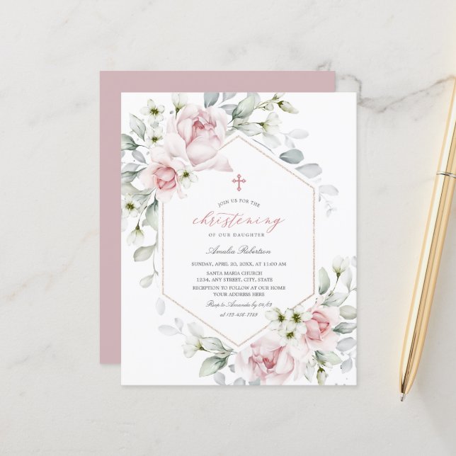 Papier Roses de Christening | Invitation Floral Watercolo (Devant/Arrière en situation)