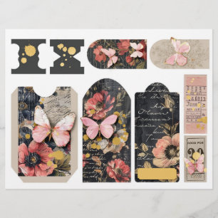 Papier Roses et papillons Ephemera Junk Journal Tags