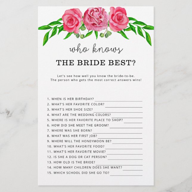 Papier Roses Qui connaît la mariée meilleur jeu (Devant)