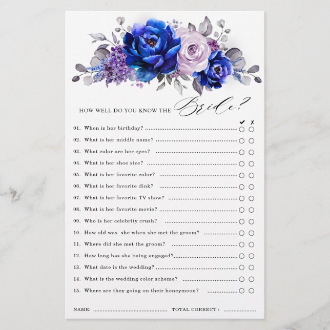 Papier Royal Blue Lilac Purple Floral Fête des mariées Je (Devant)