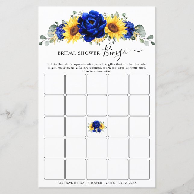 Papier Royal Blue Rustic Sunflower Fête des mariées Bingo (Devant)