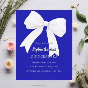 Papier Royal blue white bow Quinceanera invitation