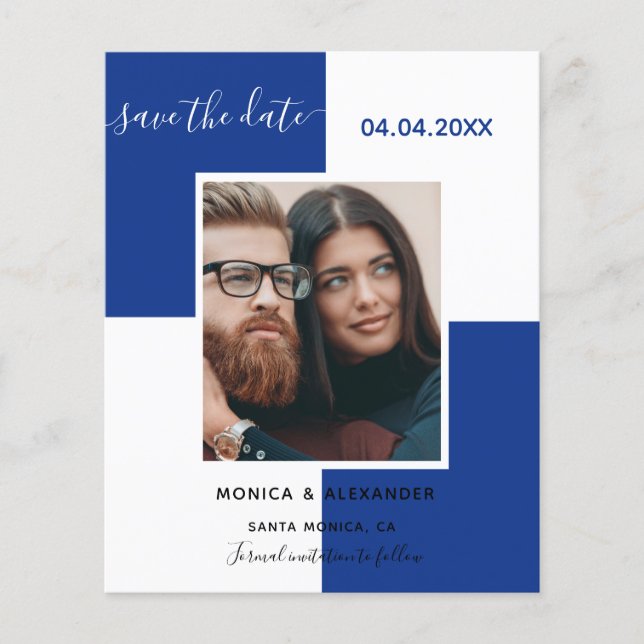 Papier Royal blue white photo mariage Enregistrer la date (Devant)