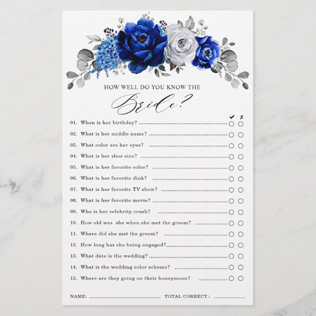 Papier Royal Blue White Silver Floral Fête des mariées Je (Devant)