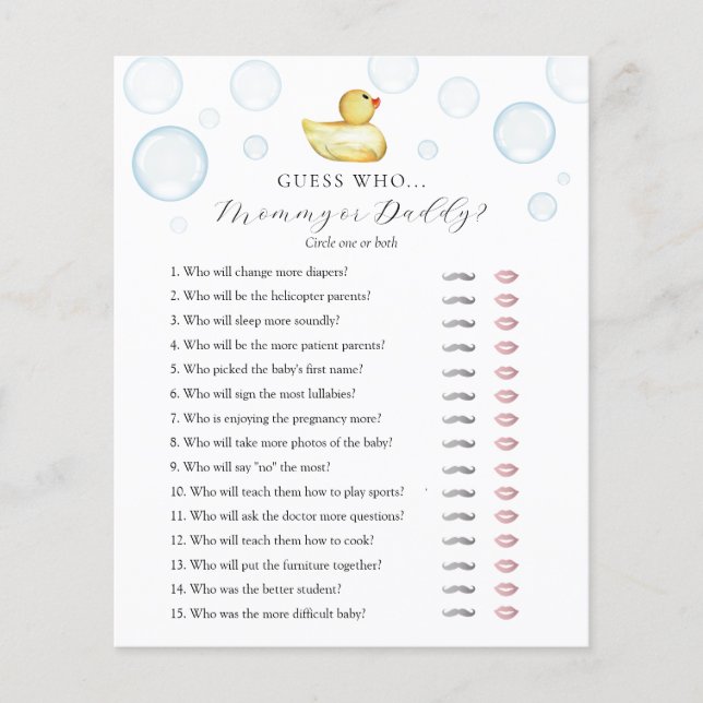 Papier Rubber Duck Devine Qui maman ou papa Baby shower (Devant)