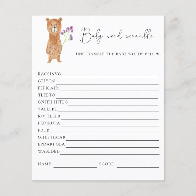 Papier Rubrique de mot d'ours | Jeu Baby shower (Devant)