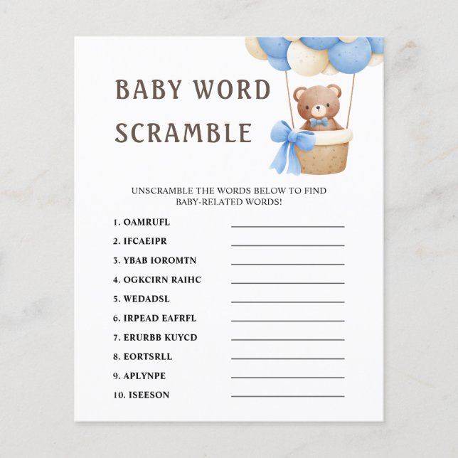 Papier Rubrique Word | Jeu de Baby shower à ballon à ours (Devant)