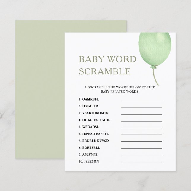 Papier Rubrique Word | Jeu de Baby shower de ballon vert (Devant / Derrière)