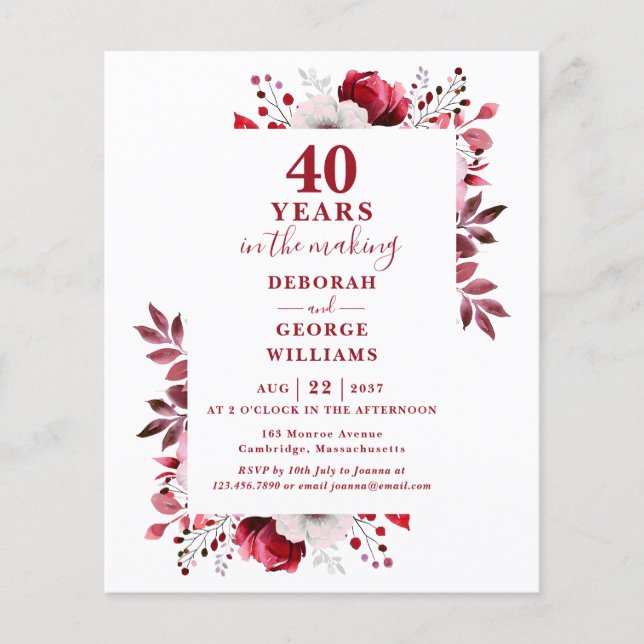 Papier Ruby Budget 40e anniversaire Mariage Invitation fl (Devant)