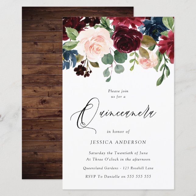 Papier Russe Bourgogne Rouge Budget Quinceanera Invitatio (Devant / Derrière)
