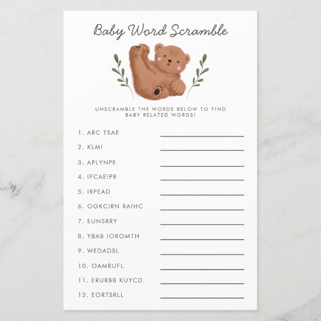 Papier Rustic Bear Baby Word Scramble Jeu (Devant)