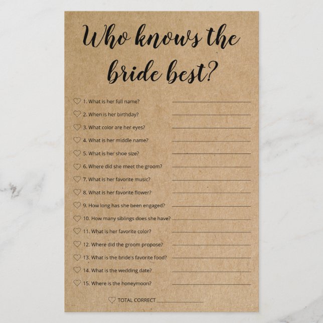 Papier Rustic Bridal Game - Qui Connaît Le Mieux La Marié (Devant)