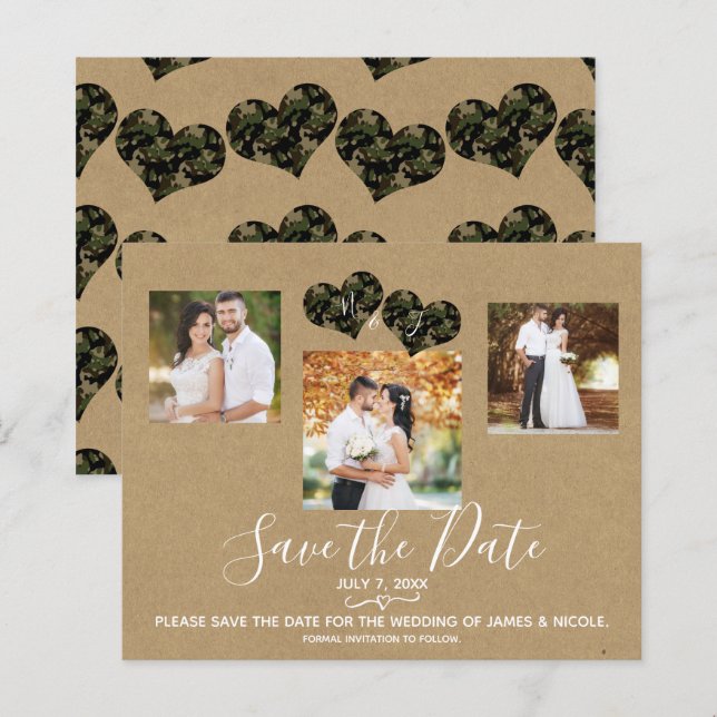 Papier Rustic Camo Hearts Photo Wedding Enregistrer la da (Devant / Derrière)