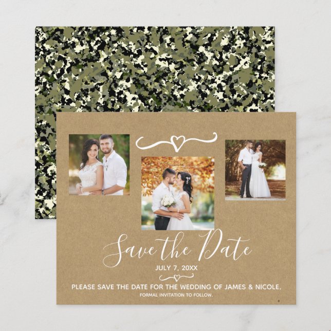 Papier Rustic Green Camo Kraft Photo Enregistrer la date (Devant / Derrière)