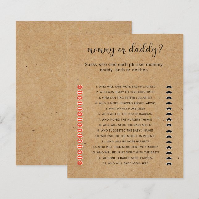 Papier Rustic - jeu de baby shower maman ou papa (Devant / Derrière)