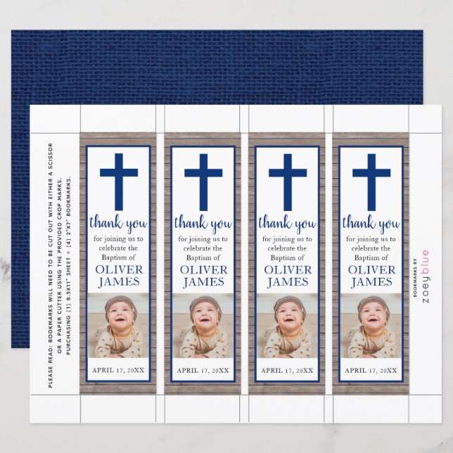 Papier Rustic Navy Blue Boy Baptême Signet photo (Devant / Derrière)