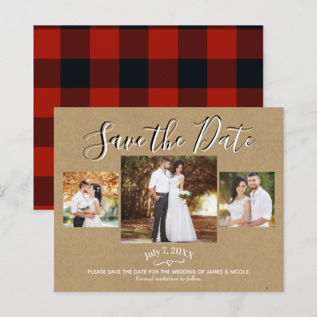 Papier Rustic Red Kraft Buffalo Plaid Photo Enregistrer l (Devant / Derrière)
