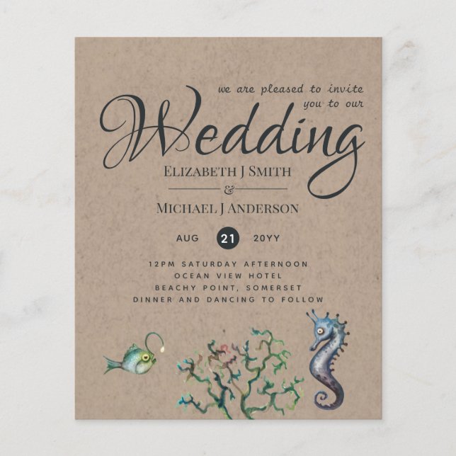 Papier Rustic Seahorse Ocean Mariage de mer Invite Budget (Devant)