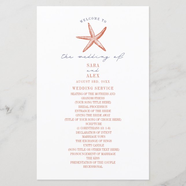 Papier Rustic Starfish Red & Blue Beach Wedding Program (Devant)