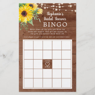 Papier Rustic Sunflower Lumières Fête des mariées Bingo J