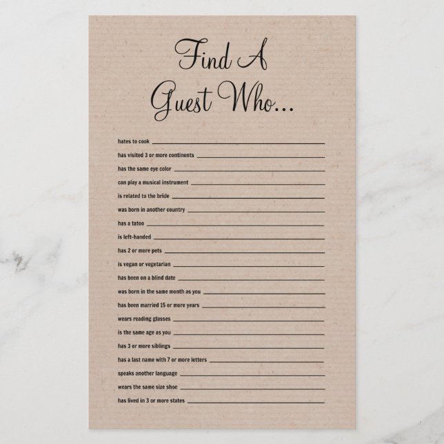 Papier Rustic Trouver Le Jeu De Fête des mariées Invité (Devant)