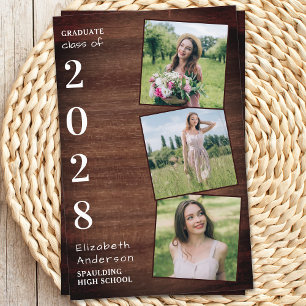 Papier Rustic Wood 3 Photo Budget Graduation Invitation