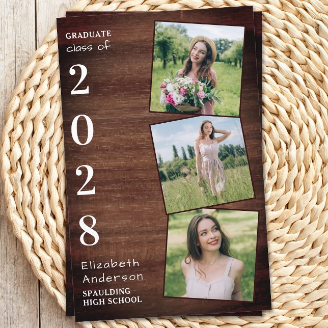Papier Rustic Wood 3 Photo Budget Graduation Invitation (Créateur téléchargé)