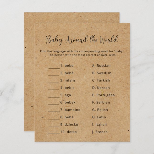 Papier Rustique - Baby Around World - Baby shower Game (Devant / Derrière)