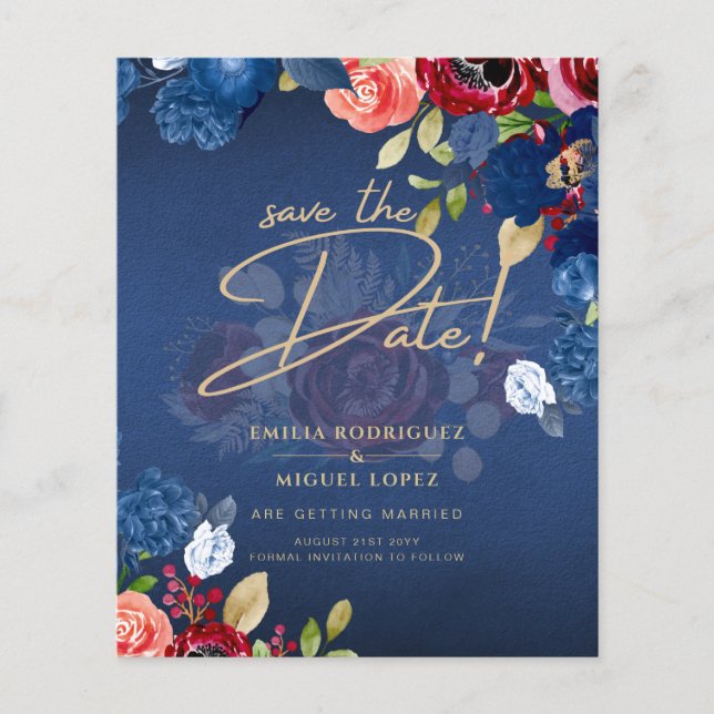 Papier Rustique Bourgogne Bleu Floral Mariage ENREGISTRER (Devant)