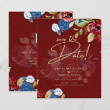 Rustique Bourgogne Bleu Floral Mariage ENREGISTRER