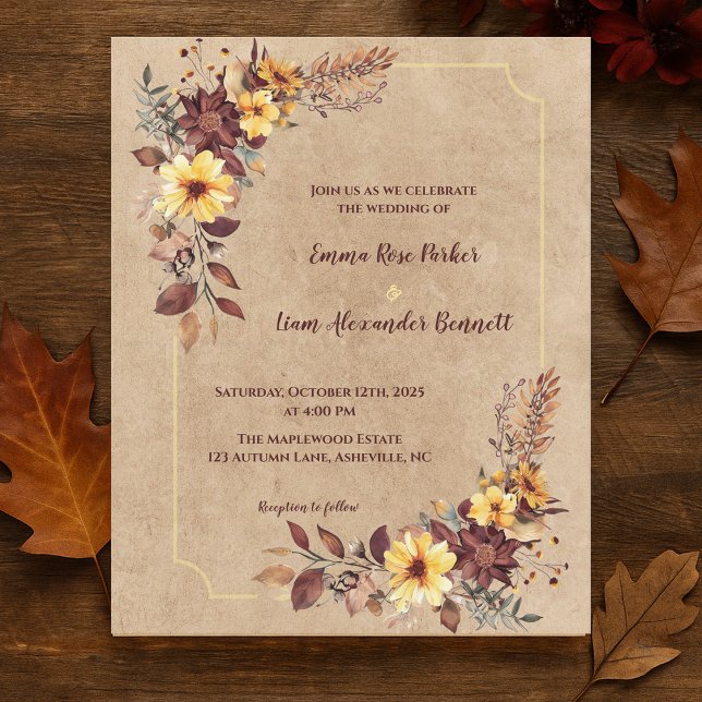 Papier Rustique Bourgogne Jaune Floral Mariage de automne (Rustic Burgundy Yellow Floral Fall Wedding Invite)