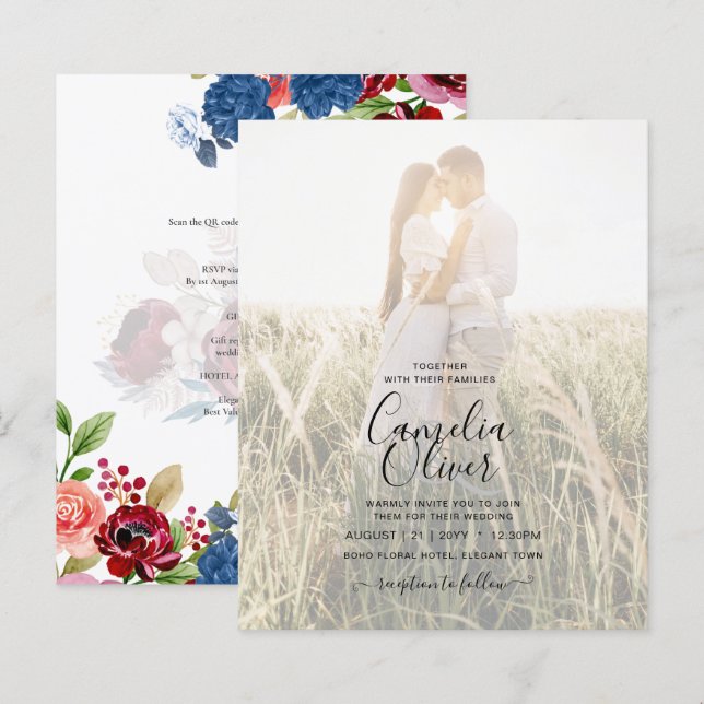 Papier Rustique Burgundy Bleu Floral Mariage INVITATION P (Devant / Derrière)