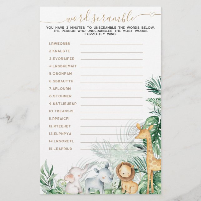 Papier Safari Animal Greenery Baby Word Scrambule jeu (Devant)