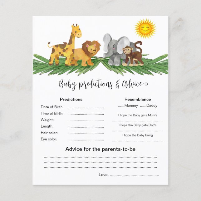 Papier Safari Animals Baby Predictions Best Shower Game (Devant)