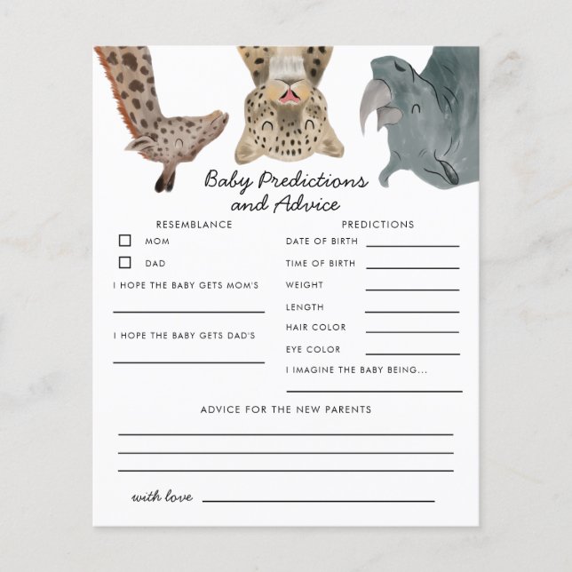 Papier Safari Animaux Baby Predictions & Conseils Card (Devant)