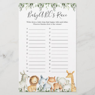 Papier Safari Animaux Baby shower ABC's Race Game