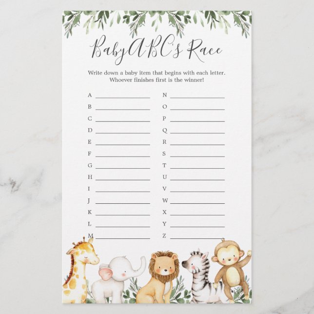 Papier Safari Animaux Baby shower ABC's Race Game (Devant)